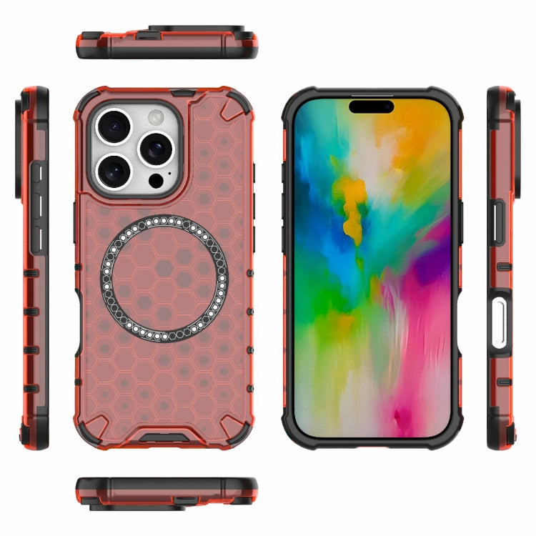 For iPhone 16 Pro Honeycomb Magnetic Ring Shockproof Phone Case(Red) - iPhone 16 Pro Cases by buy2fix | Online Shopping UK | buy2fix