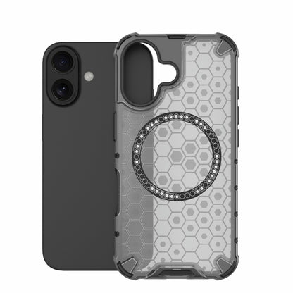 For iPhone 16 Honeycomb Magnetic Ring Shockproof Phone Case(Black) - iPhone 16 Cases by buy2fix | Online Shopping UK | buy2fix