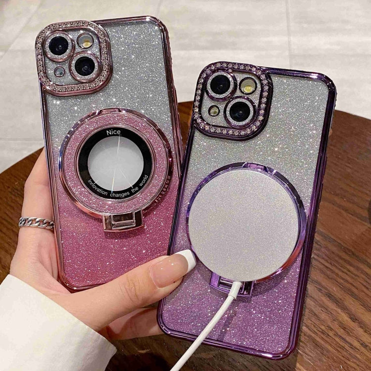 For iPhone 12 Pro Max Gradient Glitter Diamond Plated Holder Magsafe Phone Case(Purple) - iPhone 12 Pro Max Cases by buy2fix | Online Shopping UK | buy2fix