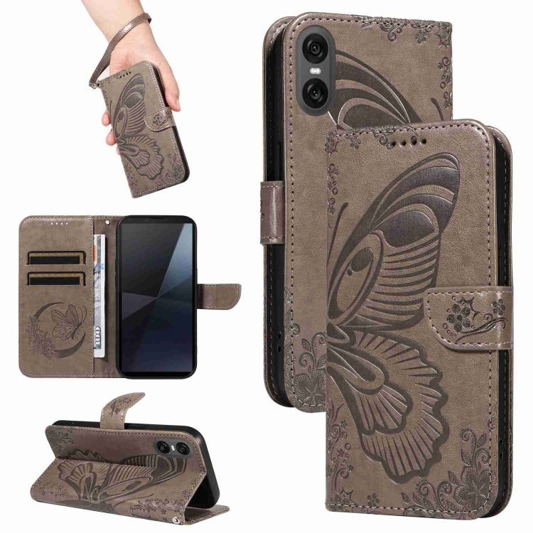 For Sony Xperia 10 VI 2024 Swallowtail Butterfly Embossed Leather Phone Case(Grey) - Sony Cases by buy2fix | Online Shopping UK | buy2fix