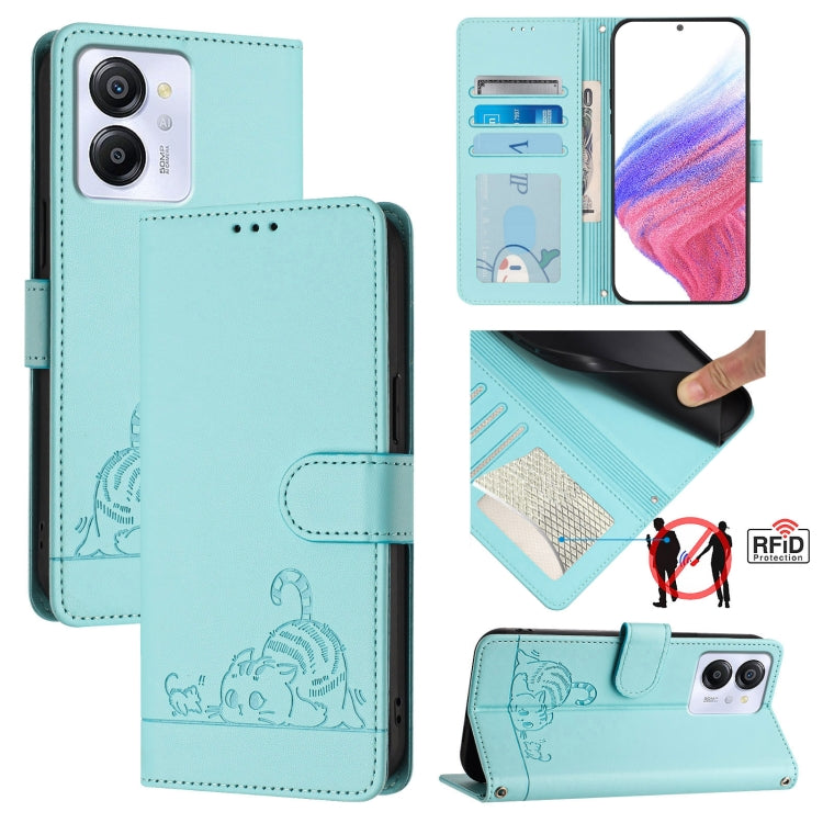For Blackview Color 8 Cat Rat Embossed Pattern RFID Leather Phone Case with Lanyard(Mint Green) - More Brand by buy2fix | Online Shopping UK | buy2fix