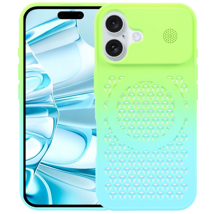 For iPhone 16 Gradient Color Honeycomb Aromatherapy MagSafe Phone Case(Green Blue) - iPhone 16 Cases by buy2fix | Online Shopping UK | buy2fix