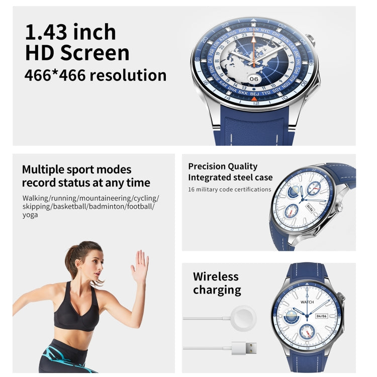 HD Watch X 1.43 inch IP68 BT5.3 Sport Smart Watch, Support Bluetooth Call / Sleep / Blood Oxygen / Heart Rate / Blood Pressure Health Monitor(Blue Leather + Blue Silicone Strap) - Smart Watches by buy2fix | Online Shopping UK | buy2fix