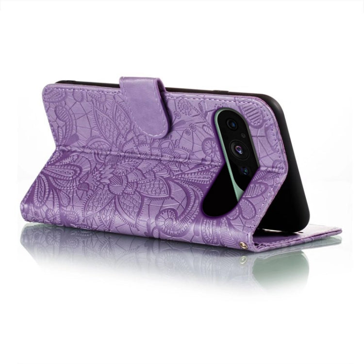 For Google Pixel 9 Lace Flower Embossing Flip Leather Phone Case(Purple) - Google Cases by buy2fix | Online Shopping UK | buy2fix