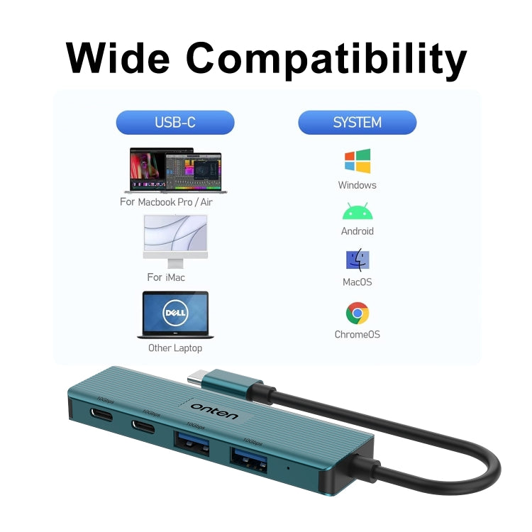 Onten UC622 10Gbps USB-C / Type-C to 2 x USB + 2 x USB-C / Type-C 4 in 1 HUB Docking Station, Length:1.5m(Green) - USB HUB by Onten | Online Shopping UK | buy2fix