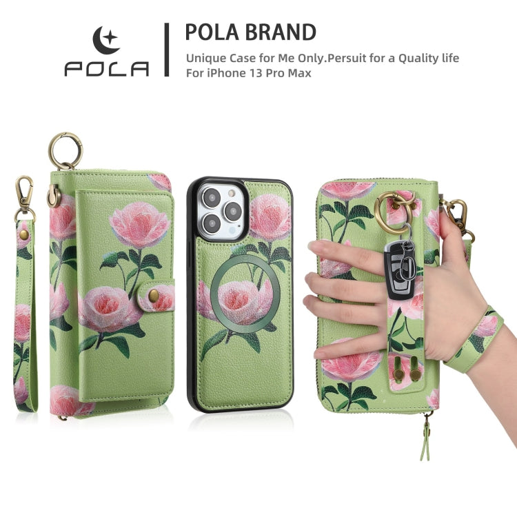 For iPhone 13 POLA MagSafe Flower Multi-functional Zipper Wallet Leather Phone Case(Green) - iPhone 13 Cases by buy2fix | Online Shopping UK | buy2fix