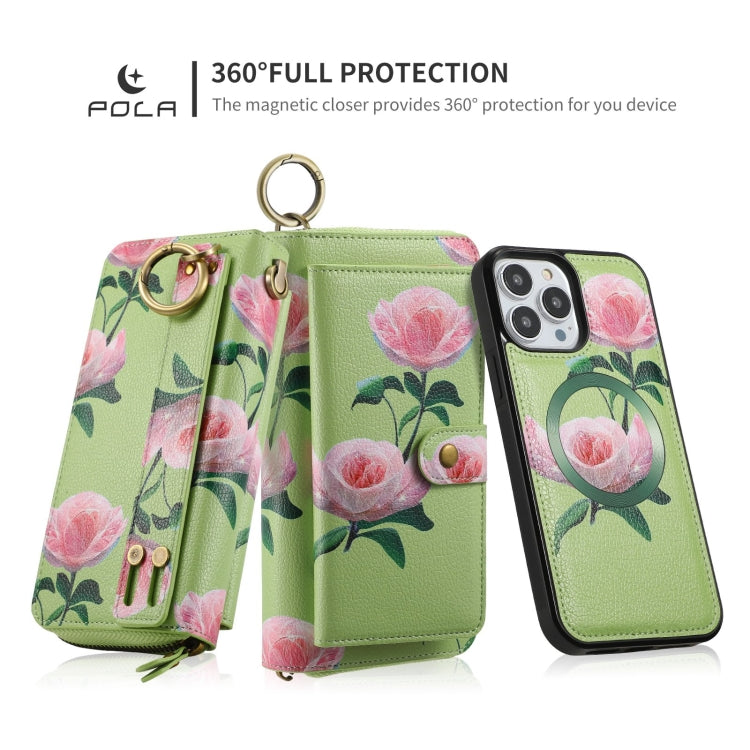 For iPhone 13 POLA MagSafe Flower Multi-functional Zipper Wallet Leather Phone Case(Green) - iPhone 13 Cases by buy2fix | Online Shopping UK | buy2fix