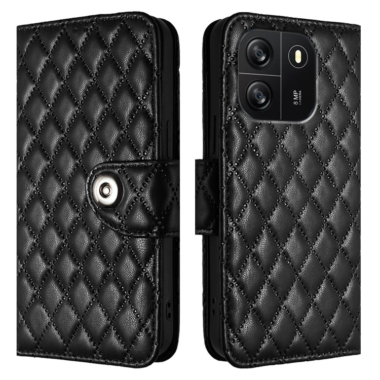 For Blackview Wave 6C Rhombic Texture Flip Leather Phone Case with Lanyard(Black) - More Brand by buy2fix | Online Shopping UK | buy2fix