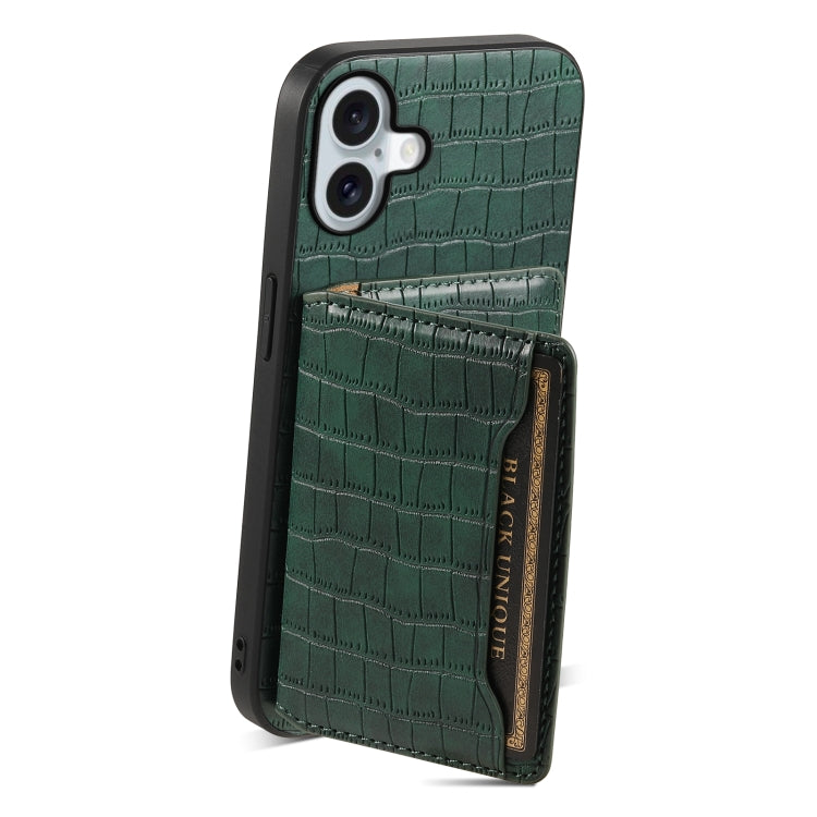 For iPhone 16 Plus Crocodile Texture Card Bag Design Full Coverage Phone Case(Green) - iPhone 16 Plus Cases by buy2fix | Online Shopping UK | buy2fix