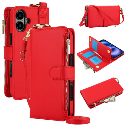 For iPhone 16 Plus Crossbody Ring Multifunctional Wallet Leather Phone Case(Red) - iPhone 16 Plus Cases by buy2fix | Online Shopping UK | buy2fix