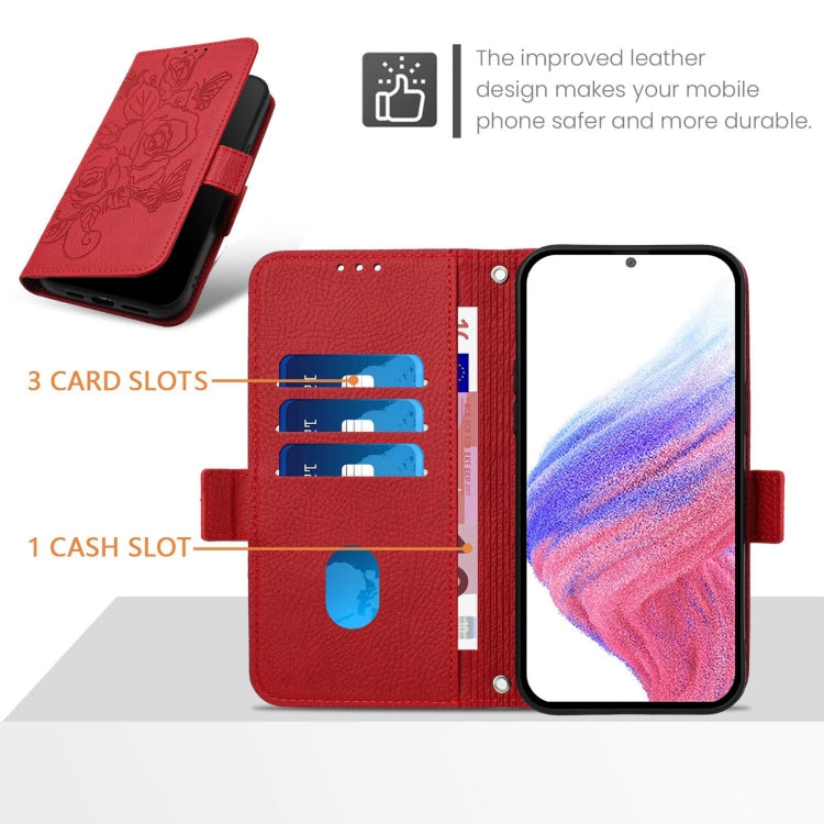 For iPhone SE 2024 Embossed Rose RFID Anti-theft Leather Phone Case(Red) - More iPhone Cases by buy2fix | Online Shopping UK | buy2fix