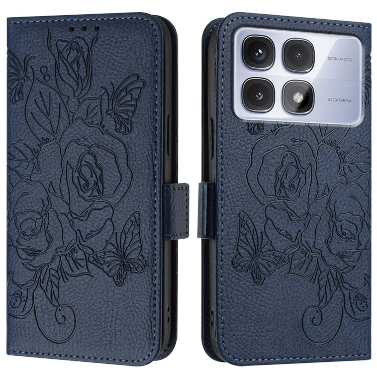 For Redmi K70 Ultra 5G Global Embossed Rose RFID Anti-theft Leather Phone Case(Dark Blue) - Xiaomi Cases by buy2fix | Online Shopping UK | buy2fix