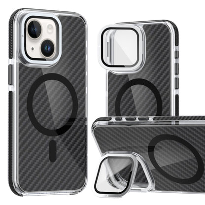 For iPhone 14 Plus Magsafe Dual-Color Carbon Fiber Lens Film Phone Case with Lens Fold Holder(Black) - iPhone 14 Plus Cases by buy2fix | Online Shopping UK | buy2fix