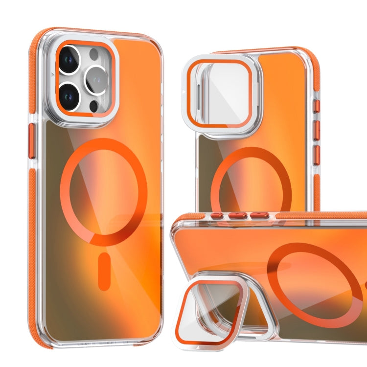 For iPhone 16 Pro MagSafe Gradient Color Lens Film Phone Case with Lens Fold Holder(Orange) - iPhone 16 Pro Cases by buy2fix | Online Shopping UK | buy2fix