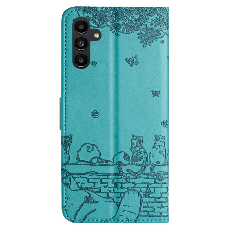 For Samsung Galaxy S25 5G Cat Embossing Pattern Leather Phone Case with Lanyard(Blue) - Galaxy S25 5G Cases by buy2fix | Online Shopping UK | buy2fix