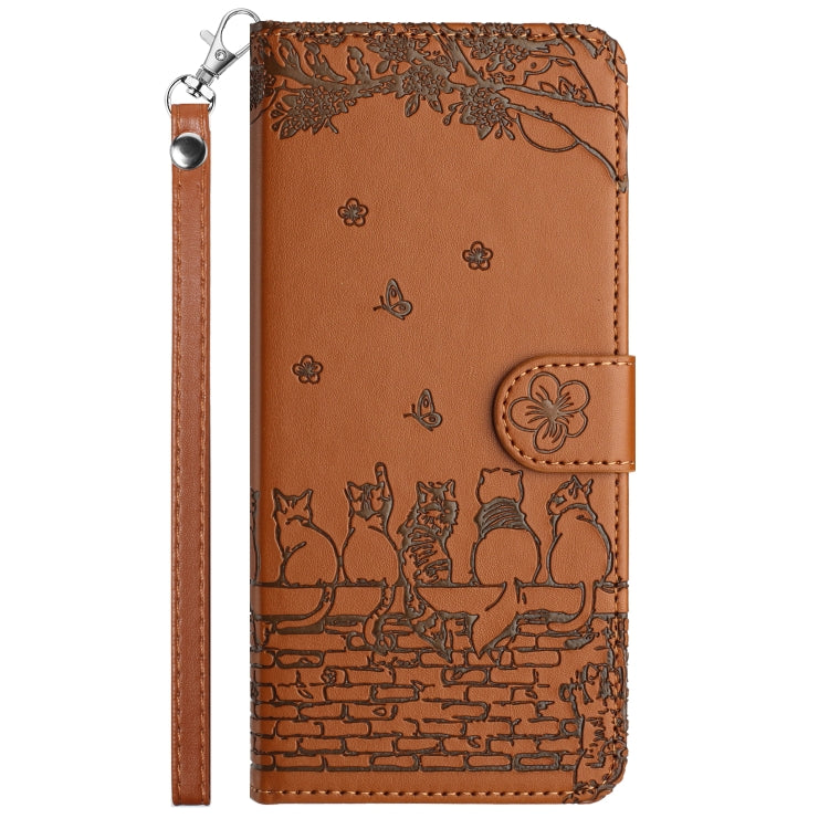 For Samsung Galaxy S25+ 5G Cat Embossing Pattern Leather Phone Case with Lanyard(Brown) - Galaxy S25+ 5G Cases by buy2fix | Online Shopping UK | buy2fix