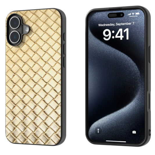 For iPhone 16 Black Frame Woven Texture PU Phone Case(Gold) - iPhone 16 Cases by buy2fix | Online Shopping UK | buy2fix