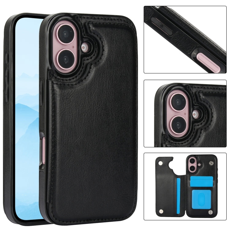 For iPhone 16 Double Buckle Crazy Horse Texture PU Phone Case(Black) - iPhone 16 Cases by buy2fix | Online Shopping UK | buy2fix