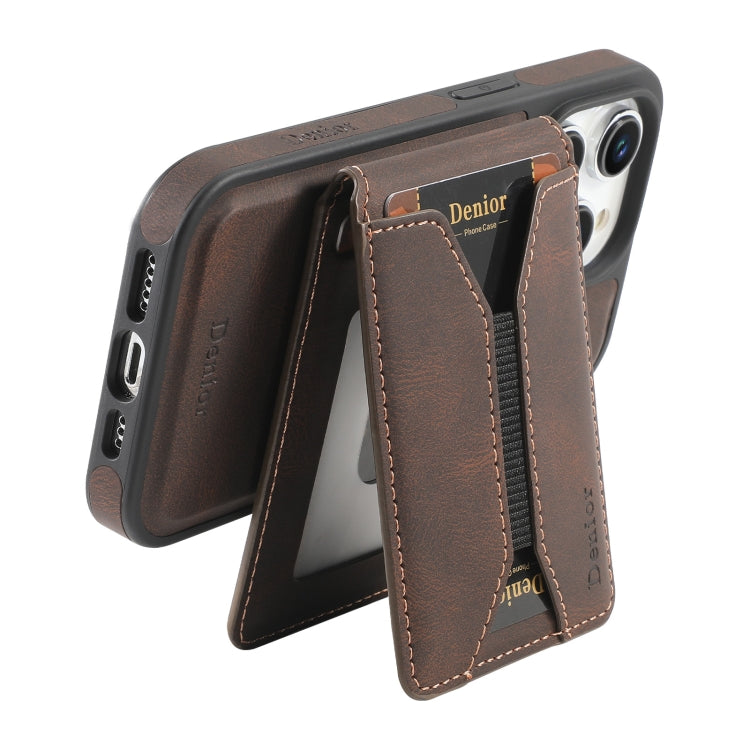 For iPhone 15 Pro Max Denior D18 Skin Feel Rotating Holder MagSafe Detachable Card Slot Phone Case(Brown) - iPhone 15 Pro Max Cases by Denior | Online Shopping UK | buy2fix