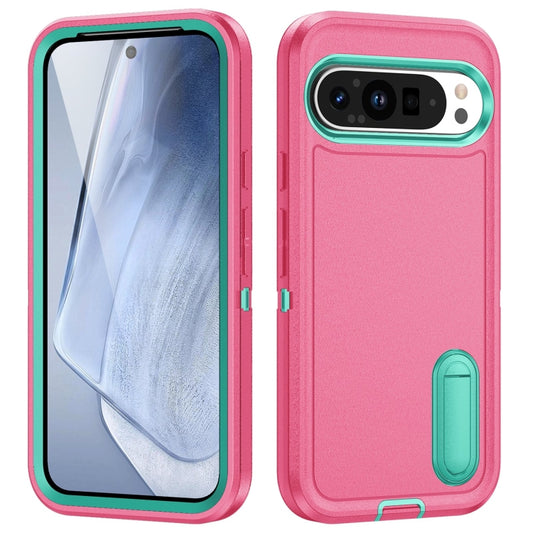 For Google Pixel 9 Rugged PC + Silicone Phone Case with Holder(Rose Red+Light Green) - Google Cases by buy2fix | Online Shopping UK | buy2fix