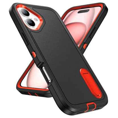 For iPhone 16 Rugged PC + Silicone Phone Case with Holder(Black+Orange) - iPhone 16 Cases by buy2fix | Online Shopping UK | buy2fix