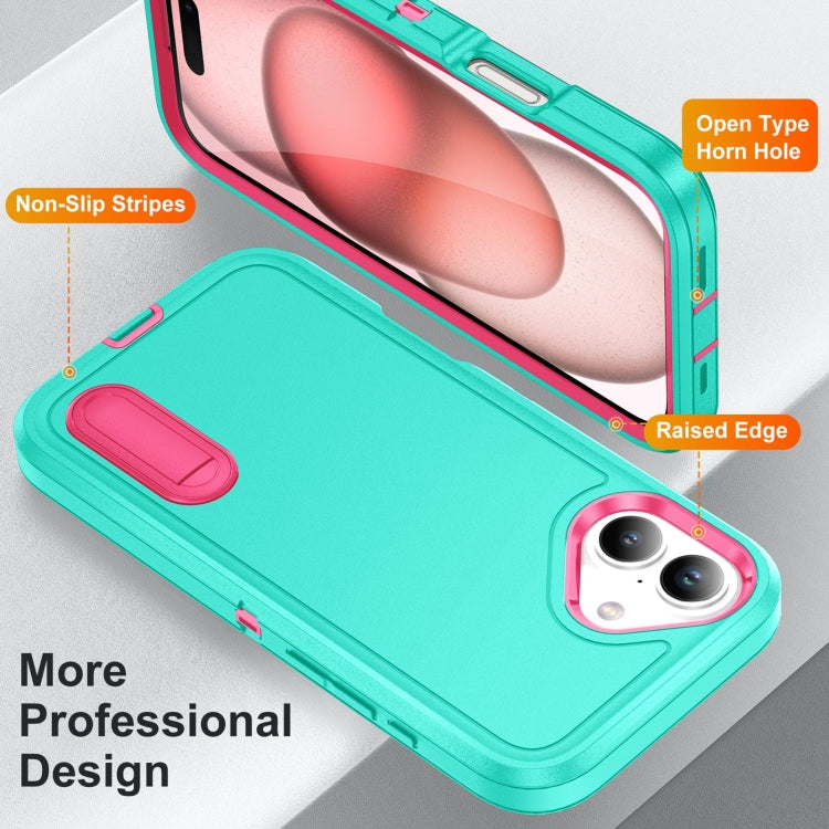 For iPhone 16 Rugged PC + Silicone Phone Case with Holder(Light Green+Rose Red) - iPhone 16 Cases by buy2fix | Online Shopping UK | buy2fix