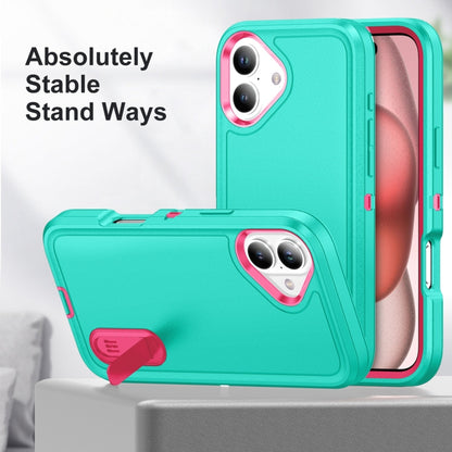 For iPhone 16 Rugged PC + Silicone Phone Case with Holder(Light Green+Rose Red) - iPhone 16 Cases by buy2fix | Online Shopping UK | buy2fix