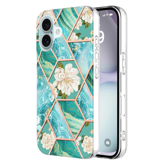 For iPhone 16 Splicing Marble Flower IMD TPU Phone Case(Blue Flower) - iPhone 16 Cases by buy2fix | Online Shopping UK | buy2fix