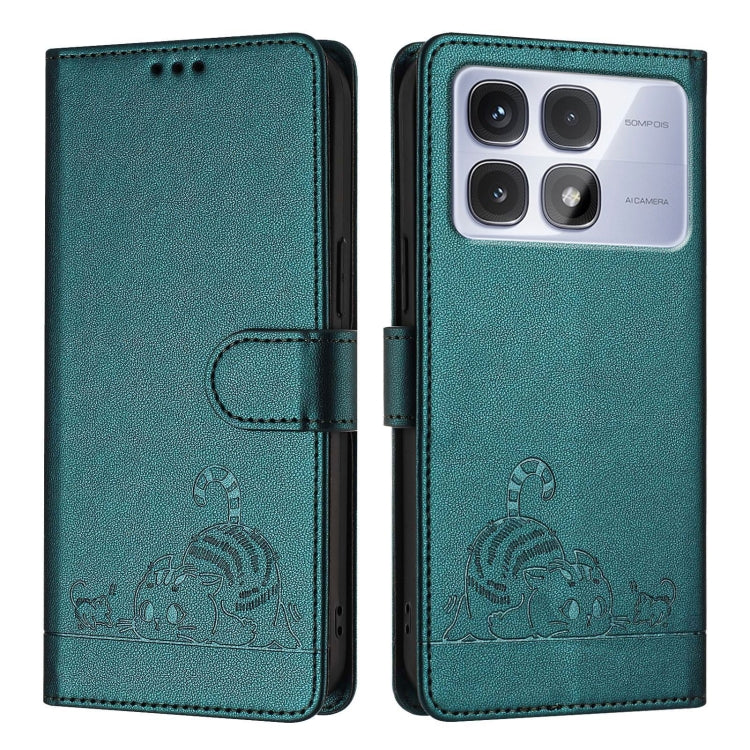 For Redmi K70 Ultra 5G Global Cat Rat Embossed Pattern RFID Leather Phone Case with Lanyard(Peacock Green) - Xiaomi Cases by buy2fix | Online Shopping UK | buy2fix