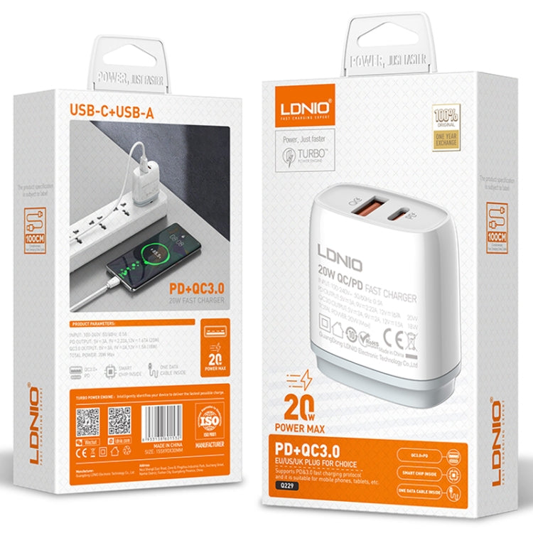 LDNIO Q229 QC3.0 / PD20W USB + Type-C Fast Charger with 1m USB to 8 Pin Cable, Plug Type:US Plug(White) - USB Charger by LDNIO | Online Shopping UK | buy2fix