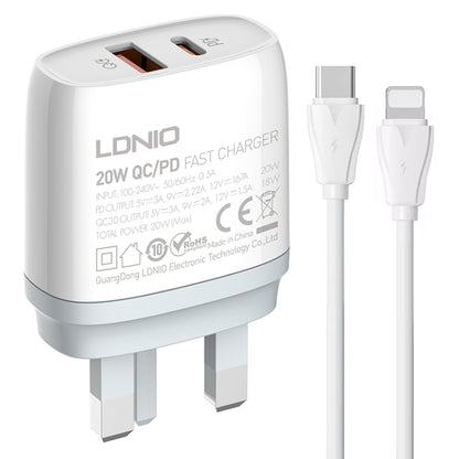 LDNIO Q229 QC3.0 / PD20W USB + Type-C Fast Charger with 1m Type-C to 8 Pin Cable, Plug Type:UK Plug(White) - USB Charger by LDNIO | Online Shopping UK | buy2fix