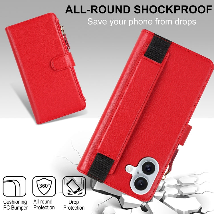 For iPhone 16 Plus Wristband Holder Zipper Purse RFID Leather Phone Case(Red) - iPhone 16 Plus Cases by buy2fix | Online Shopping UK | buy2fix