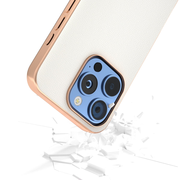 For iPhone 16 Pro Max ABEEL Electroplated Frame Genuine Leather Elegant Phone Case(White) - iPhone 16 Pro Max Cases by buy2fix | Online Shopping UK | buy2fix