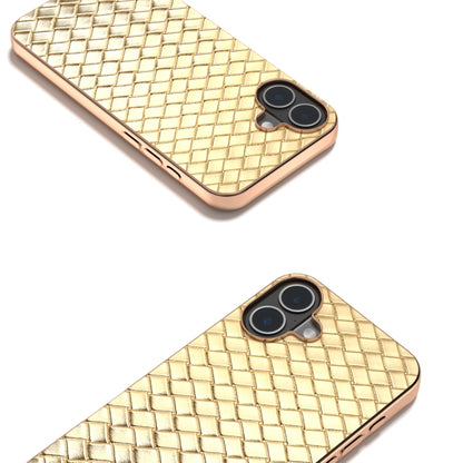 For iPhone 16 Plus Electroplated Frame Woven Texture PU Phone Case(Gold) - iPhone 16 Plus Cases by buy2fix | Online Shopping UK | buy2fix