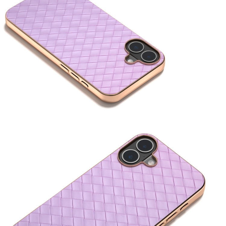 For iPhone 16 Electroplated Frame Woven Texture PU Phone Case(Purple) - iPhone 16 Cases by buy2fix | Online Shopping UK | buy2fix