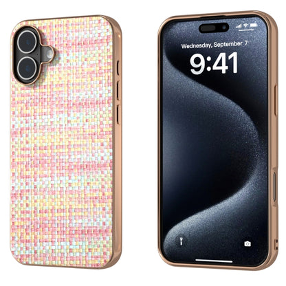 For iPhone 16 Plus Electroplated Frame Color Lattice Texture PU Phone Case(Pink) - iPhone 16 Plus Cases by buy2fix | Online Shopping UK | buy2fix