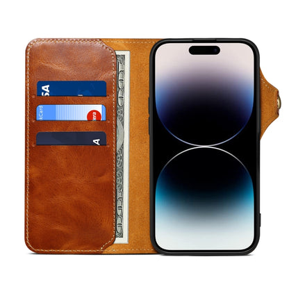 For iPhone 16 Pro Denior B01 Oil Wax Cowhide Magnetic Button Genuine Leather Case(Brown) - iPhone 16 Pro Cases by Denior | Online Shopping UK | buy2fix