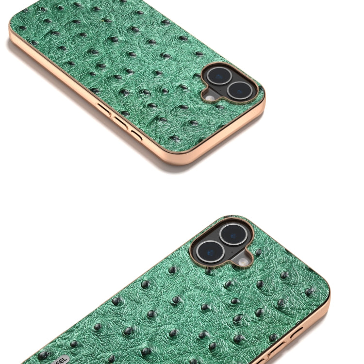 For iPhone 16 ABEEL Electroplating Frame Genuine Leather Ostrich Texture Phone Case(Green) - iPhone 16 Cases by buy2fix | Online Shopping UK | buy2fix