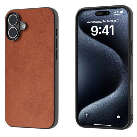 For iPhone 16 Plus Black Frame Two-color Calf Texture PU Phone Case(Brown) - iPhone 16 Plus Cases by buy2fix | Online Shopping UK | buy2fix