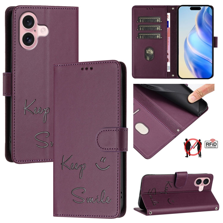 For iPhone 16 Smile Embossing RFID Leather Phone Case(Violet) - iPhone 16 Cases by buy2fix | Online Shopping UK | buy2fix