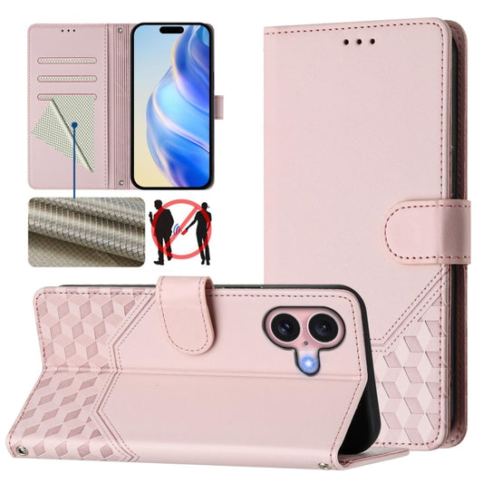 For iPhone 16 Honeycomb Embossing RFID Leather Phone Case(Pink) - iPhone 16 Cases by buy2fix | Online Shopping UK | buy2fix