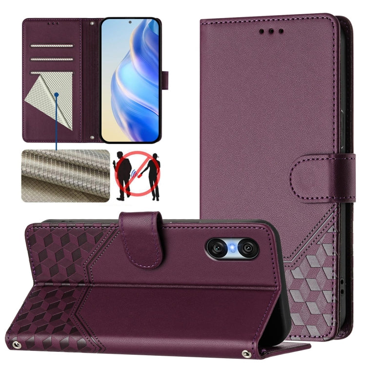 For Sony Xperia 10 VI 2024 Honeycomb Embossing RFID Leather Phone Case(Violet) - Sony Cases by buy2fix | Online Shopping UK | buy2fix