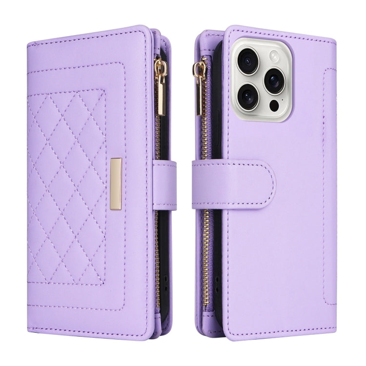 For iPhone 16 Pro Crossbody Zipper Wallet Rhombus Leather Phone Case(Purple) - iPhone 16 Pro Cases by buy2fix | Online Shopping UK | buy2fix