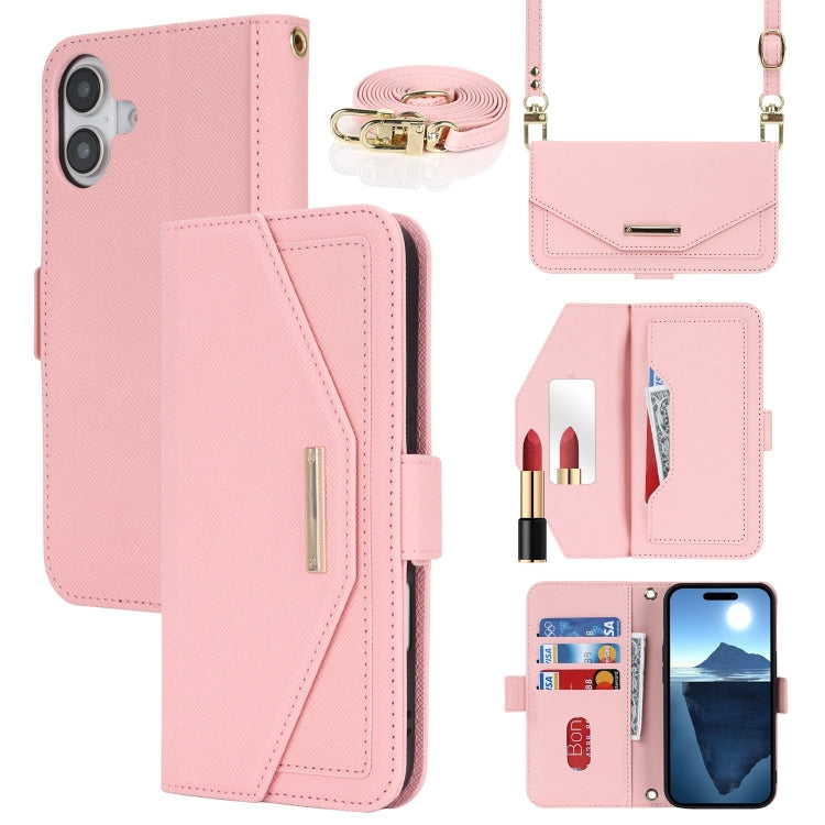 For iPhone 16 Cross Texture Crossbody Lanyard Leather Phone Case(Pink) - iPhone 16 Cases by buy2fix | Online Shopping UK | buy2fix