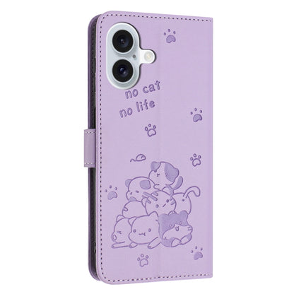 For iPhone 16 Plus Embossed Kitten Phone Leather Case with Lanyard(Purple) - iPhone 16 Plus Cases by buy2fix | Online Shopping UK | buy2fix