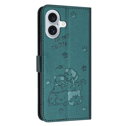 For iPhone 16 Embossed Kitten Phone Leather Case with Lanyard(Dark Green) - iPhone 16 Cases by buy2fix | Online Shopping UK | buy2fix