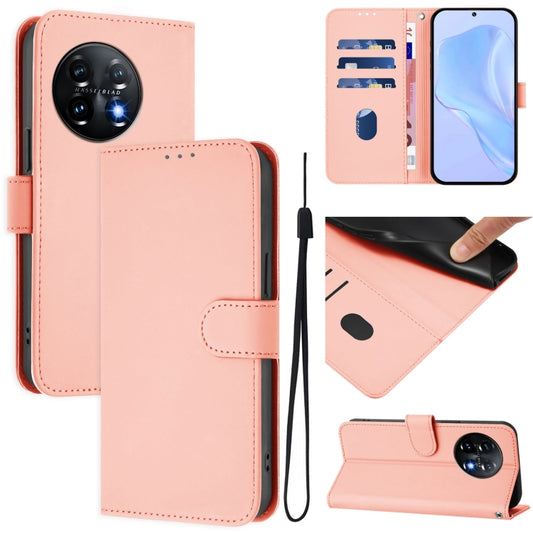 For OnePlus 11 Skin Feel Solid Color Leather Phone Case with Lanyard(Pink) - OnePlus Cases by buy2fix | Online Shopping UK | buy2fix