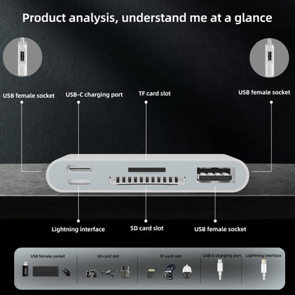 NK-1055TL Pro USB-C / Type-C, 8 Pin, USB to USB-C / Type-C, 8 Pin, 3 x USB, TF / SD Card Multi-function Adapter(White) - U Disk & Card Reader by buy2fix | Online Shopping UK | buy2fix