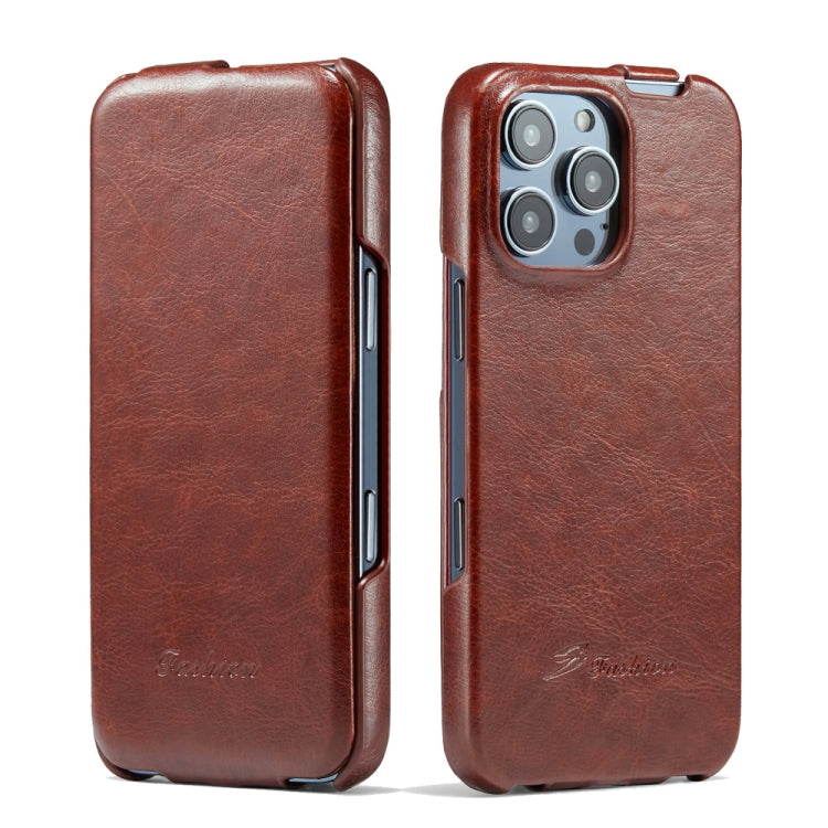 For iPhone 16 Pro Fierre Shann 64 Texture Vertical Flip PU Leather Phone Case(Brown) - iPhone 16 Pro Cases by FIERRE SHANN | Online Shopping UK | buy2fix