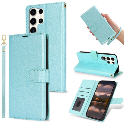 For Samsung Galaxy S25 Ultra 5G Peony Flowers Imprint Leather Phone Case(Sky Blue) - Galaxy S25 Ultra 5G Cases by buy2fix | Online Shopping UK | buy2fix